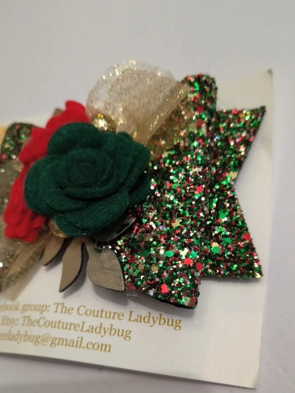 Couture Ladybug Glitter Rose Hair Clip - Red & Green